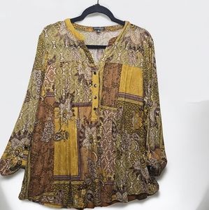 Ava & Grace Floral Stretch Knit Blouse Pintuck Pleat Tunic V Neck